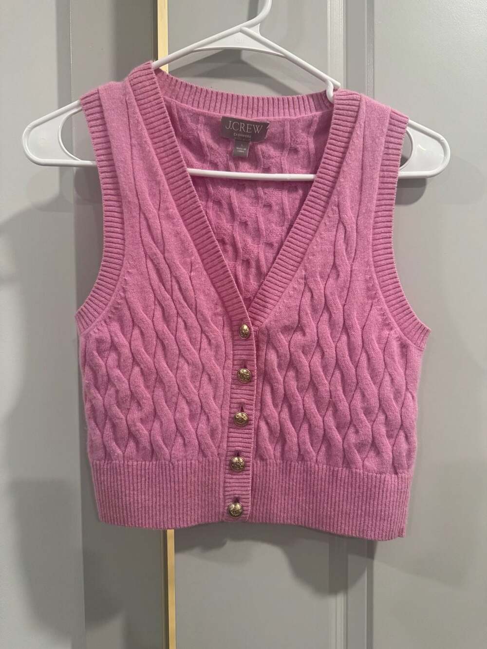 J.Crew Cashmere Cable-Knit Sweater Vest Size S Pink Gold Buttons